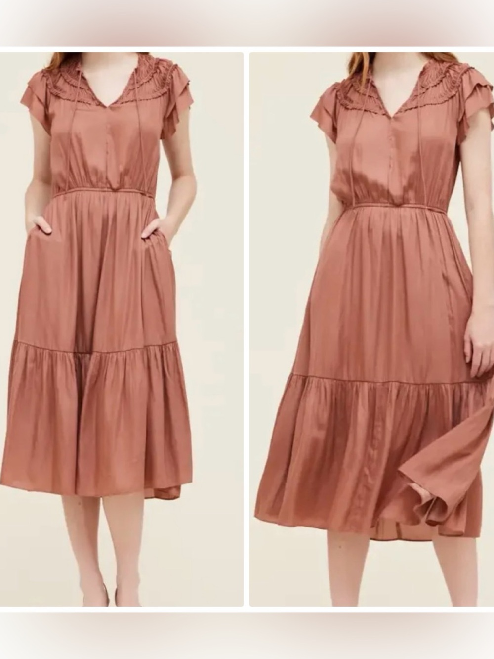 fun 2 fun mauve color Tiered Midi Dress with Ruffle Yoke